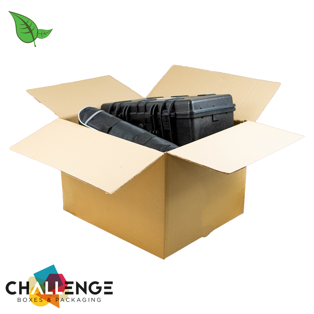cardboard box with packing foam pellets top view, isolated on